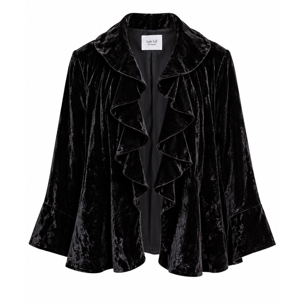 Kate Hill Woman Black Velvet Ruffle Cape Jacket 16W Gothic Romantic Whimsigoth